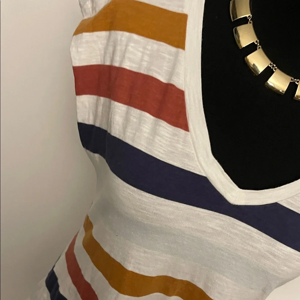 Striped V-Neck Short Sleeve Tee in White with Mustard, Rust & Navy - Picture 3 of 5